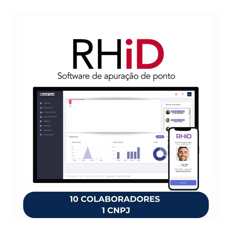 Sistema de Registro e Apuração de Ponto RHID Control iD - 10 Colaboradores - Licença Mensal